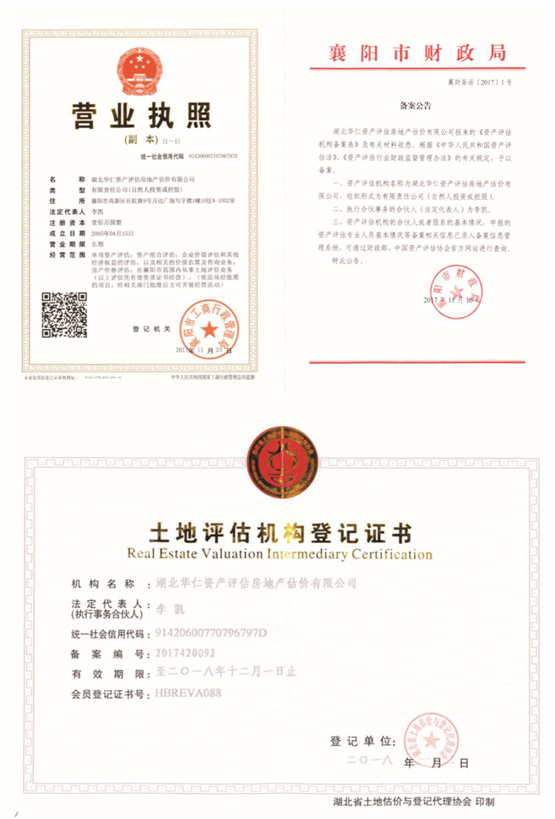 華仁資產(chǎn)評估房地產(chǎn)估價有限公司營業(yè)執(zhí)照、資產(chǎn)評估備案公告、土地評估機構(gòu)登記證書.jpg